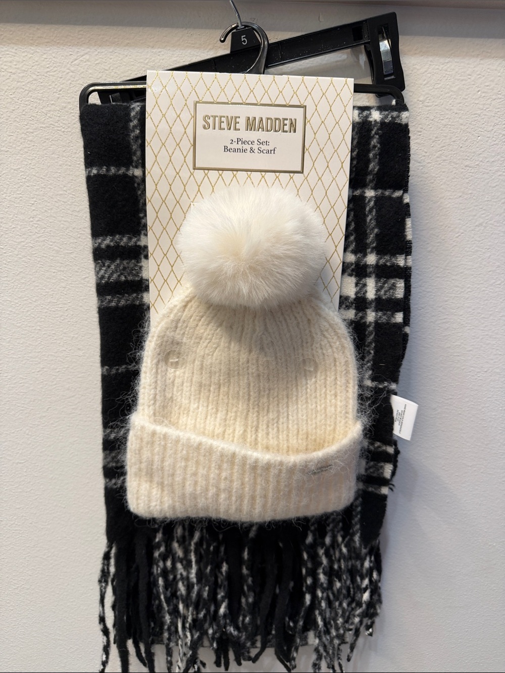 Steve Madden Kids Cream Pom Beanie & Black Plaid Scarf Set